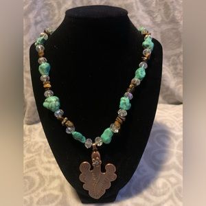 Turquoise & Bronze HANDMADE beaded Necklace w/ Bronze Leaf Pendant